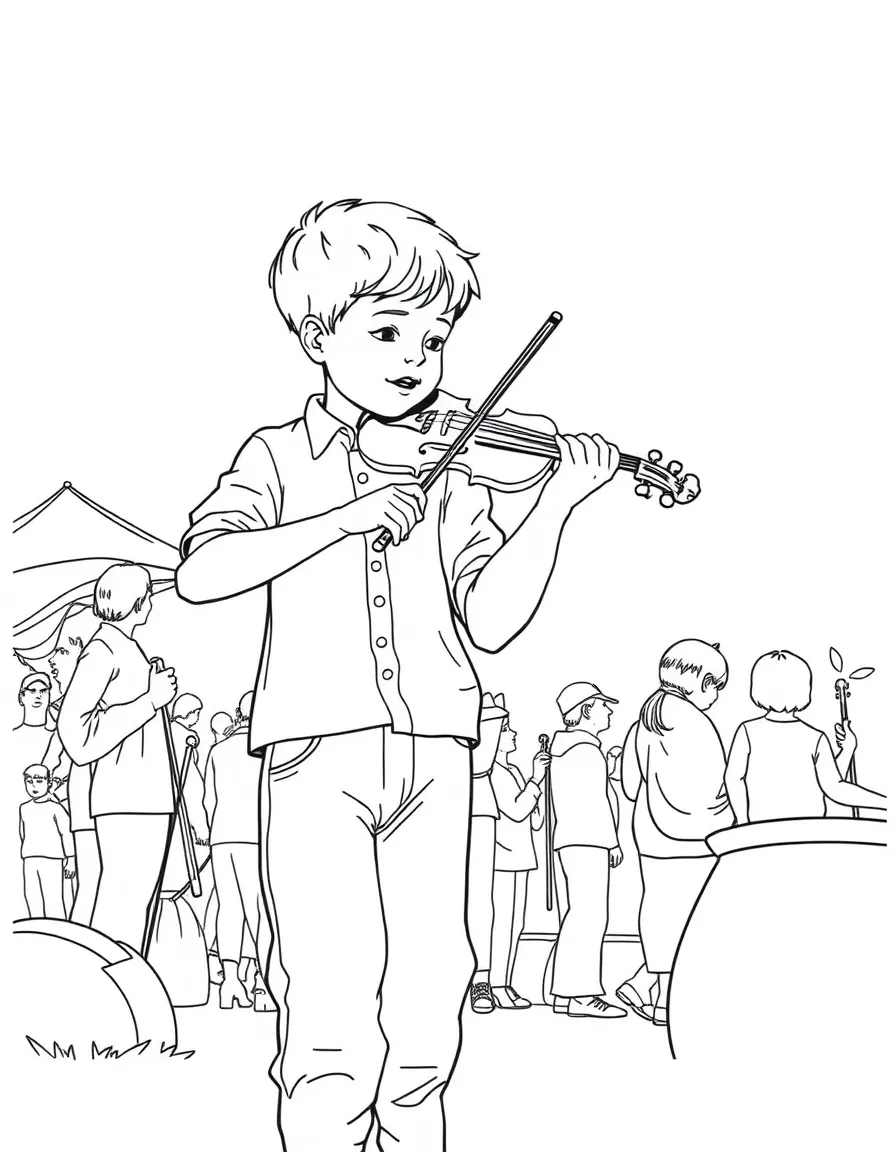 (Connecticut) A boy playing a fiddle at a folk festival