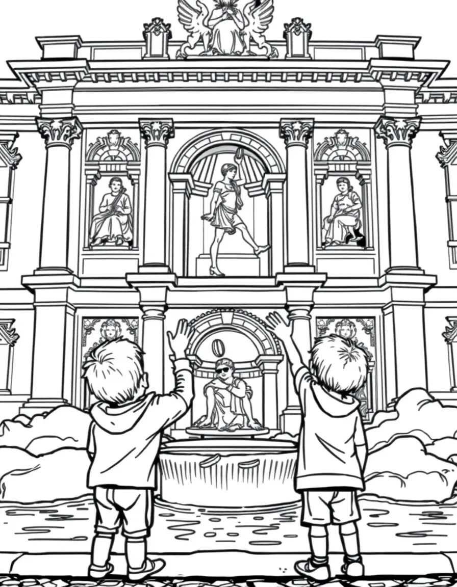 (Italy) Children tossing coins into the Trevi Fountain