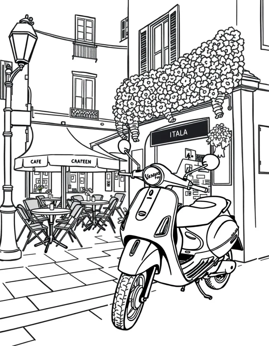 (Italy) A Vespa scooter parked beside an Italian café
