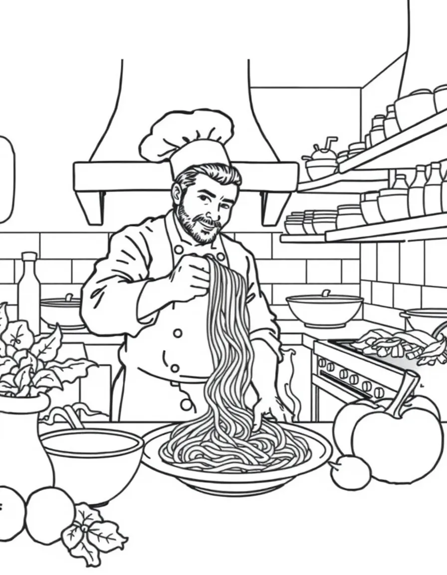 (Italy) A chef making spaghetti in an Italian kitchen