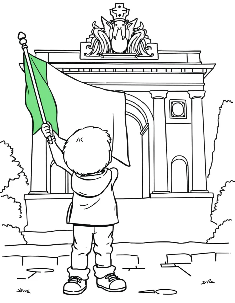 (Italy) A child holding the Italian flag in front of a monument