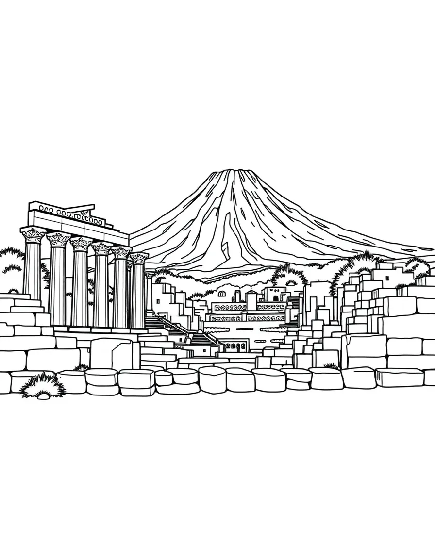 (Italy) Ancient ruins of Pompeii with Mount Vesuvius in the background