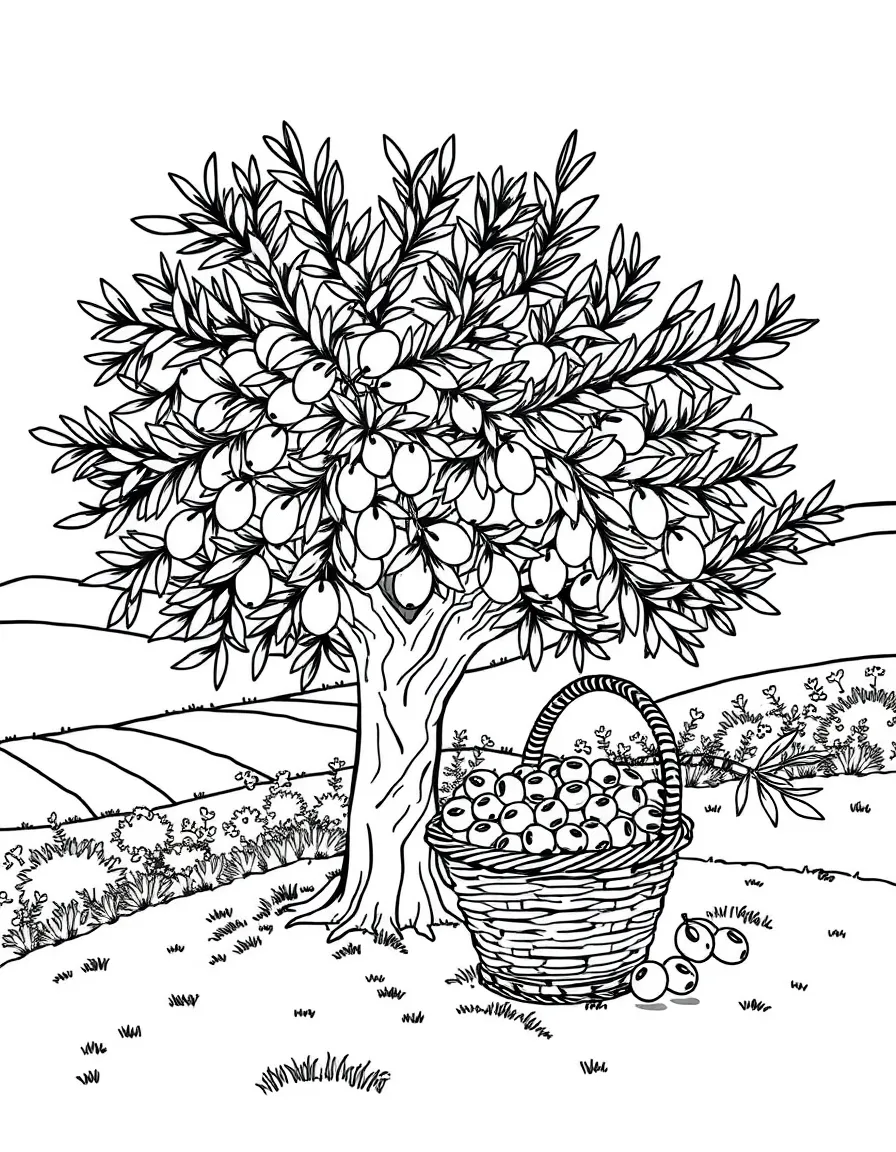 (Italy) An olive tree and basket of olives in a countryside scene