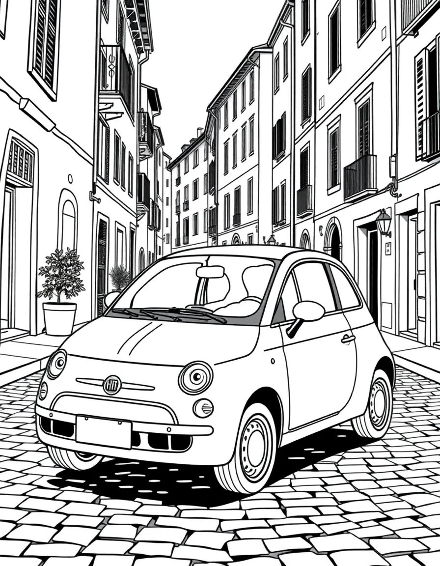(Italy) A Fiat 500 car driving through a cobblestone street