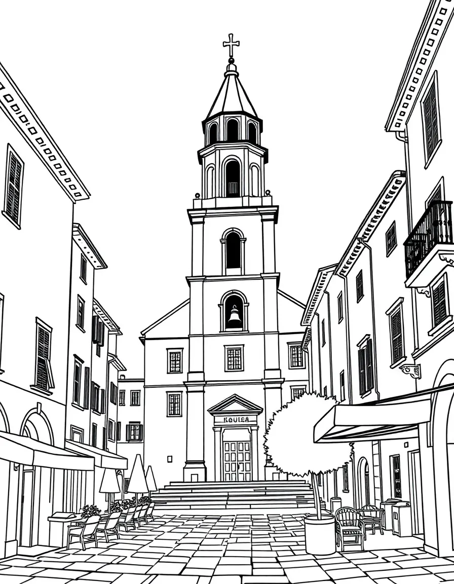 (Italy) A church bell tower in an Italian town square