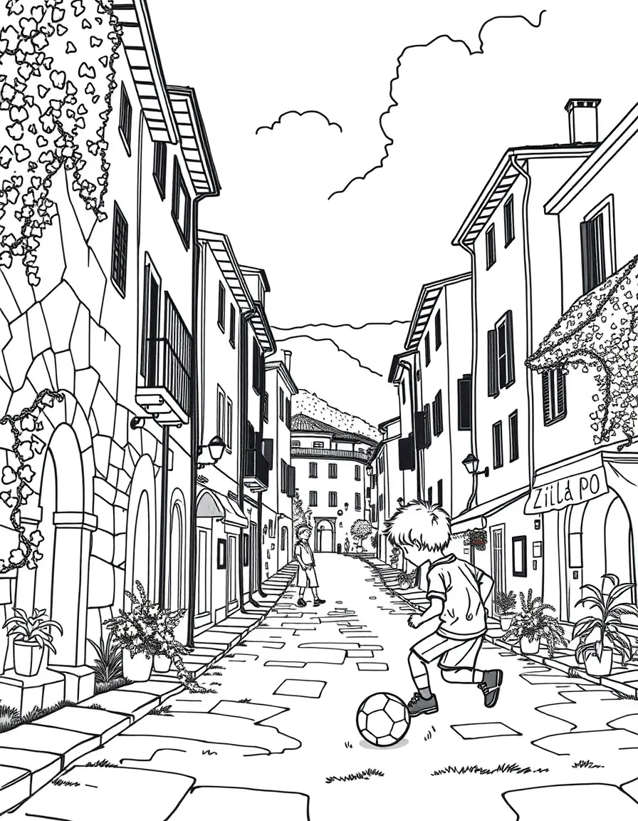 (Italy) A child playing soccer in an Italian town