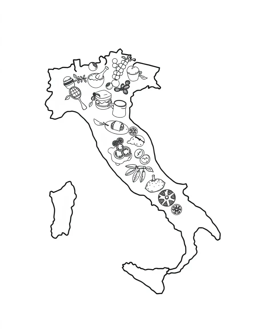 (Italy) A drawing of Italy with famous foods in each region