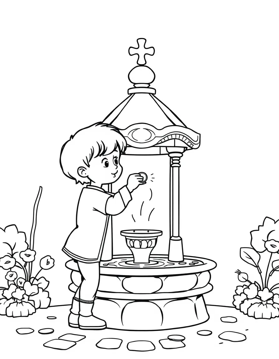 (Italy) A child throwing a coin into a wishing fountain