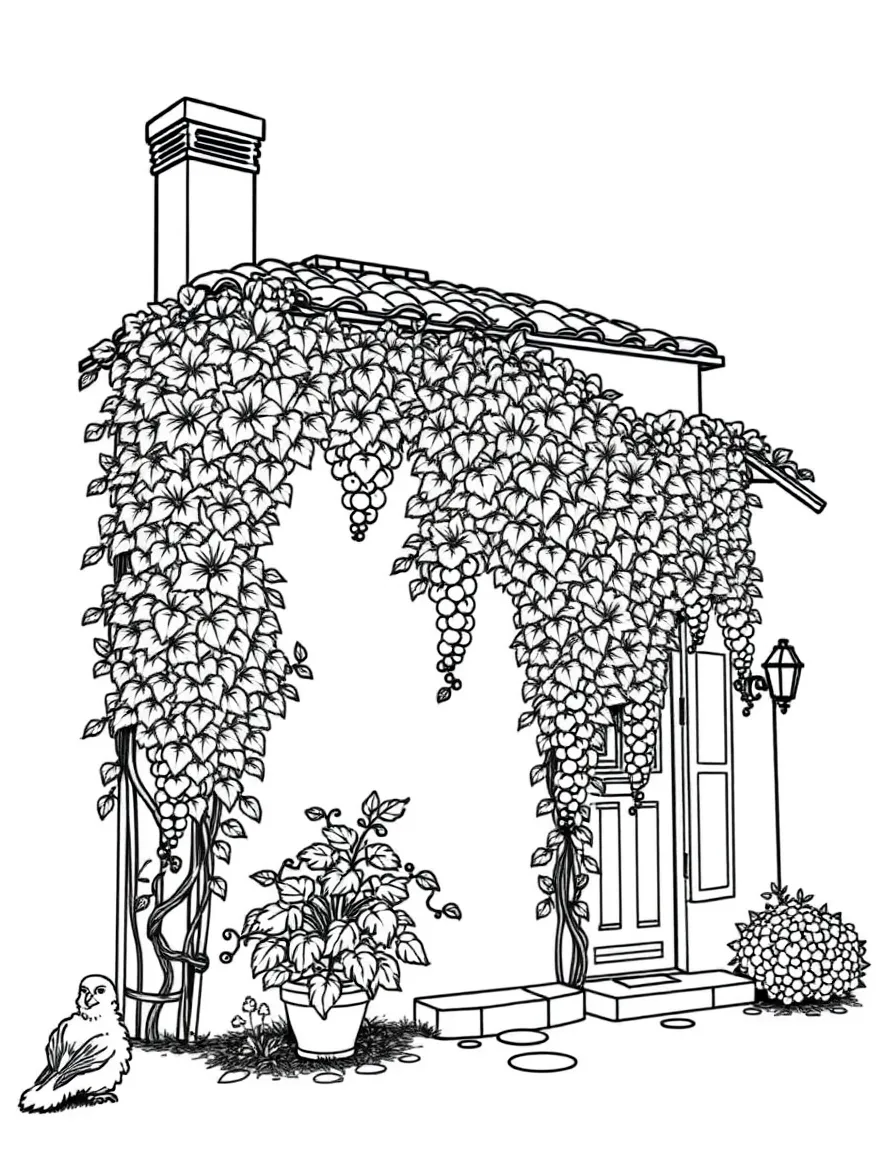 (Italy) A grapevine trellis in front of a house