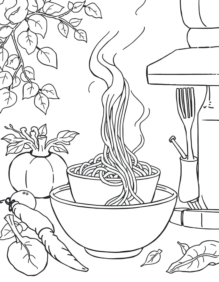 (Italy) A cooking scene with spaghetti and sauce