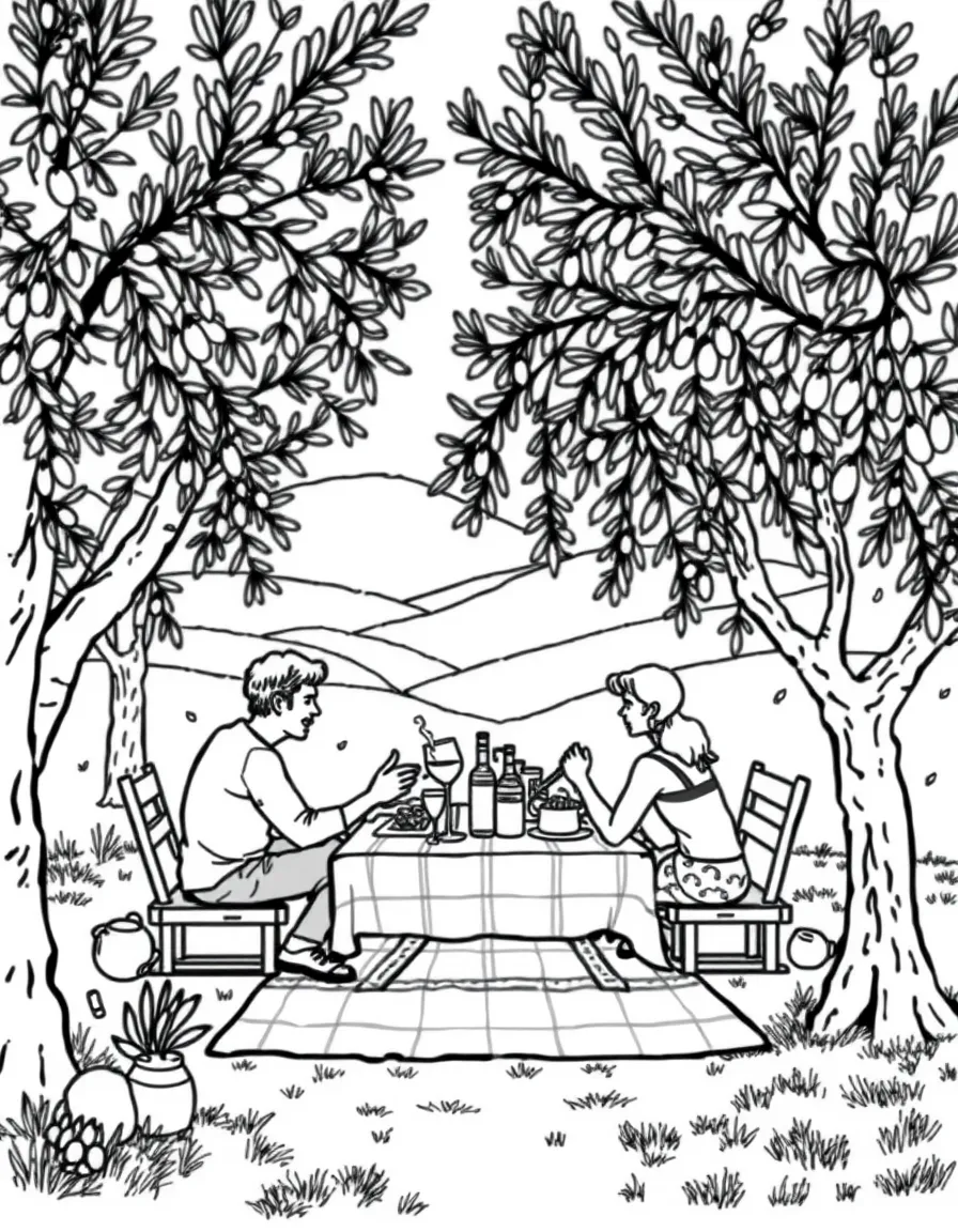 (Italy) A family picnic in an olive grove