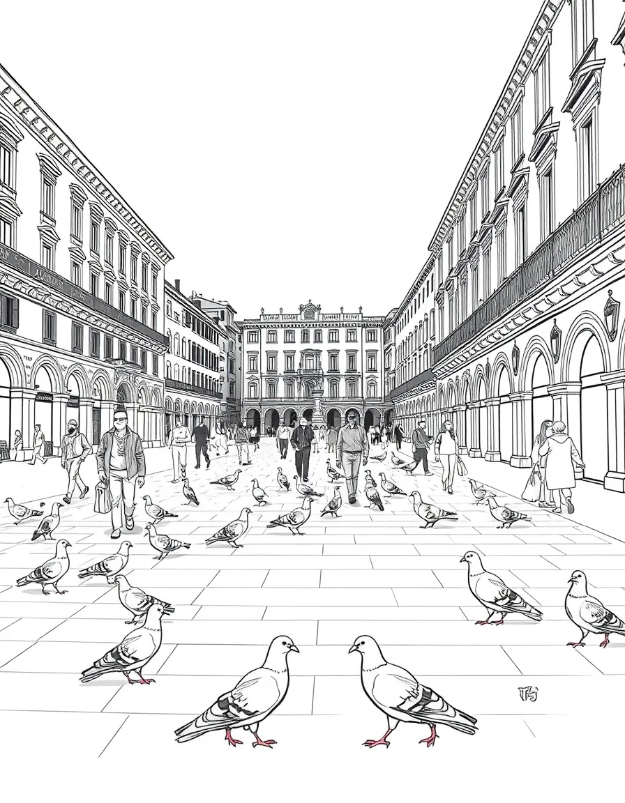 (Italy) A plaza with pigeons and people walking