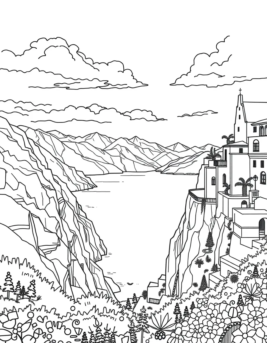 (Italy) A scenic overlook with mountains and sea