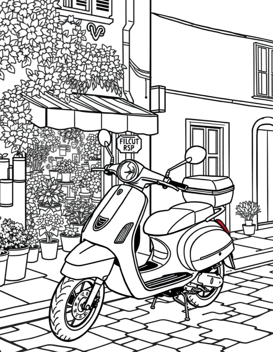 (Italy) A scooter parked near a flower shop