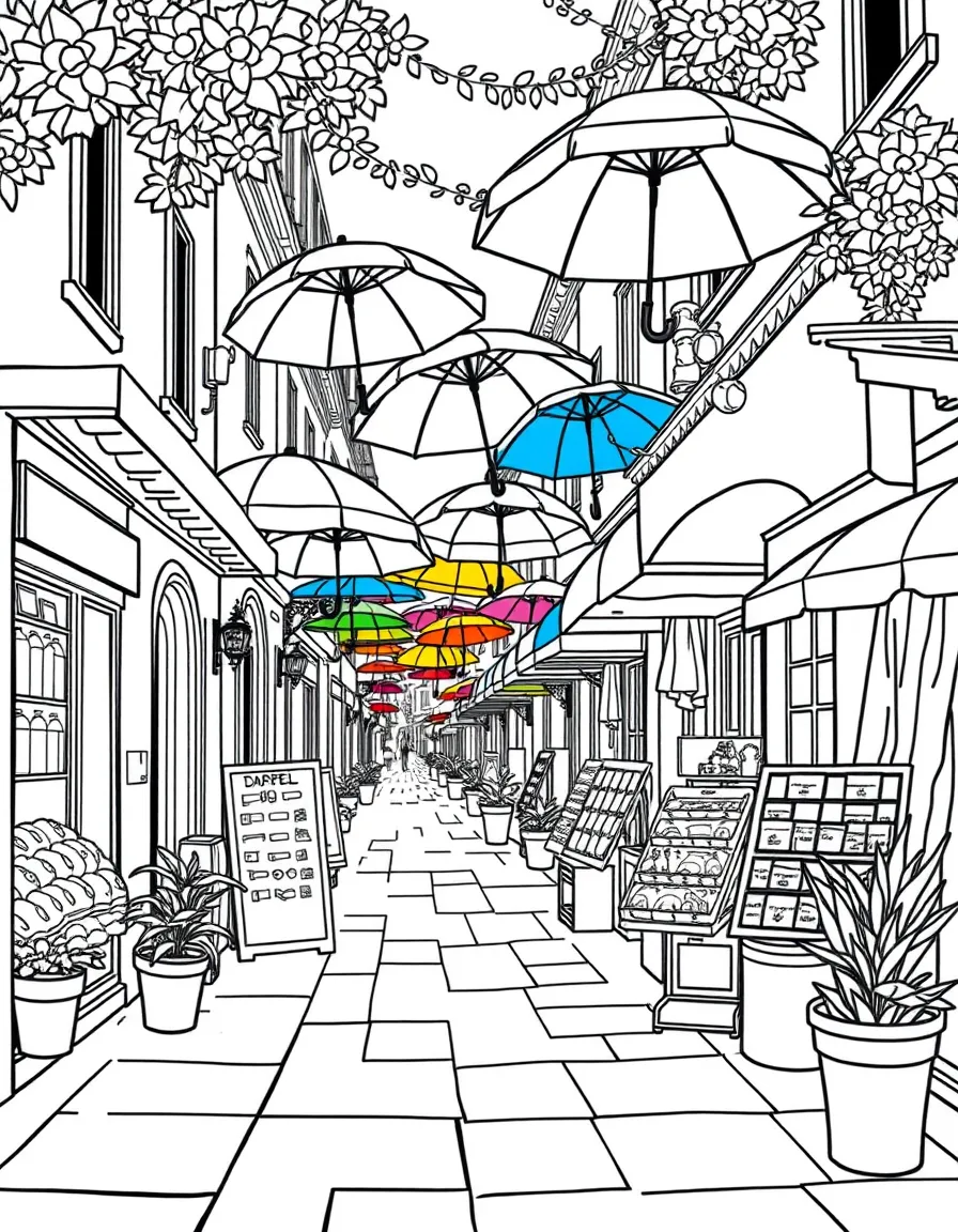 (Italy) A marketplace with colorful umbrellas