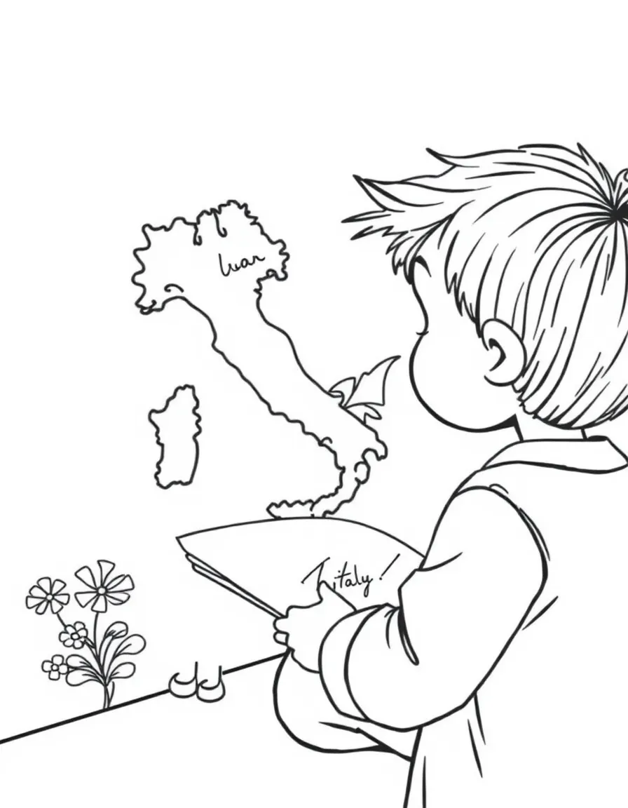 (Italy) A child writing a postcard from Italy