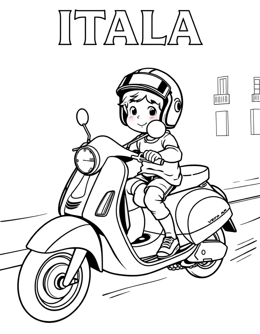 (Italy) A kid riding a Vespa scooter (with helmet)