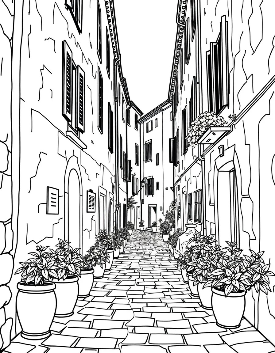 (Italy) A stone street lined with flower pots