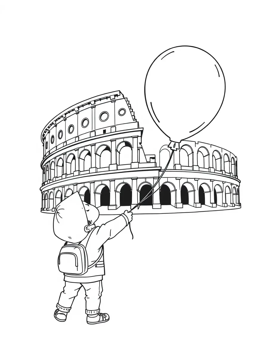 (Italy) A child holding a balloon shaped like the Colosseum
