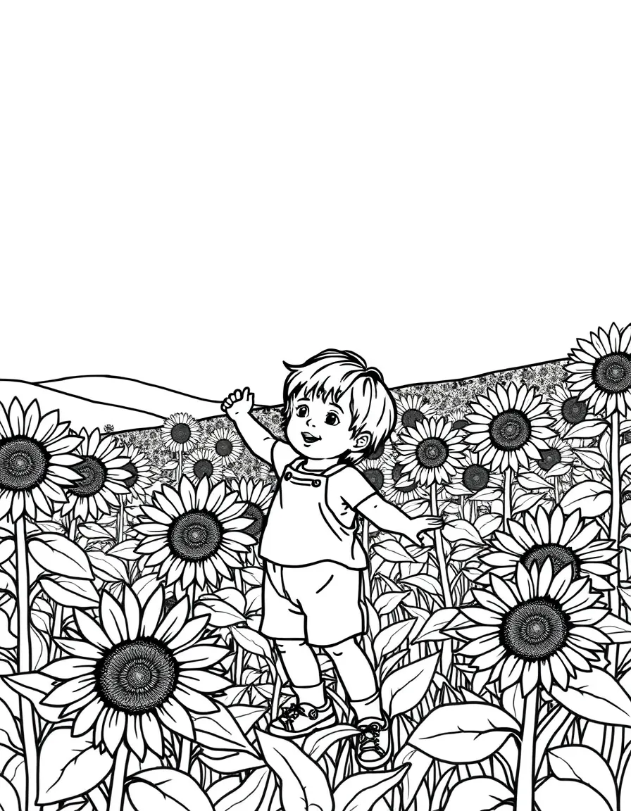 (Italy) A child playing in a sunflower field