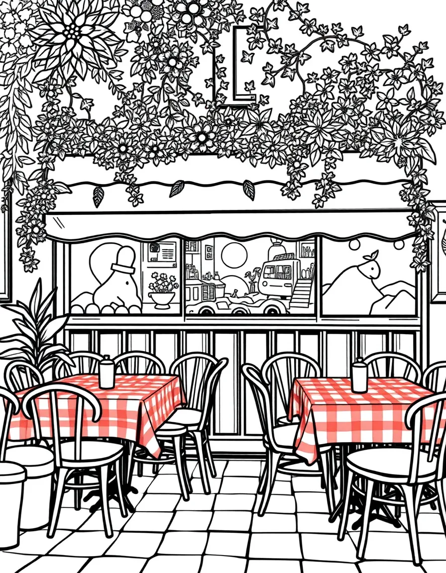 (Italy) A café with red and white checkered tablecloths