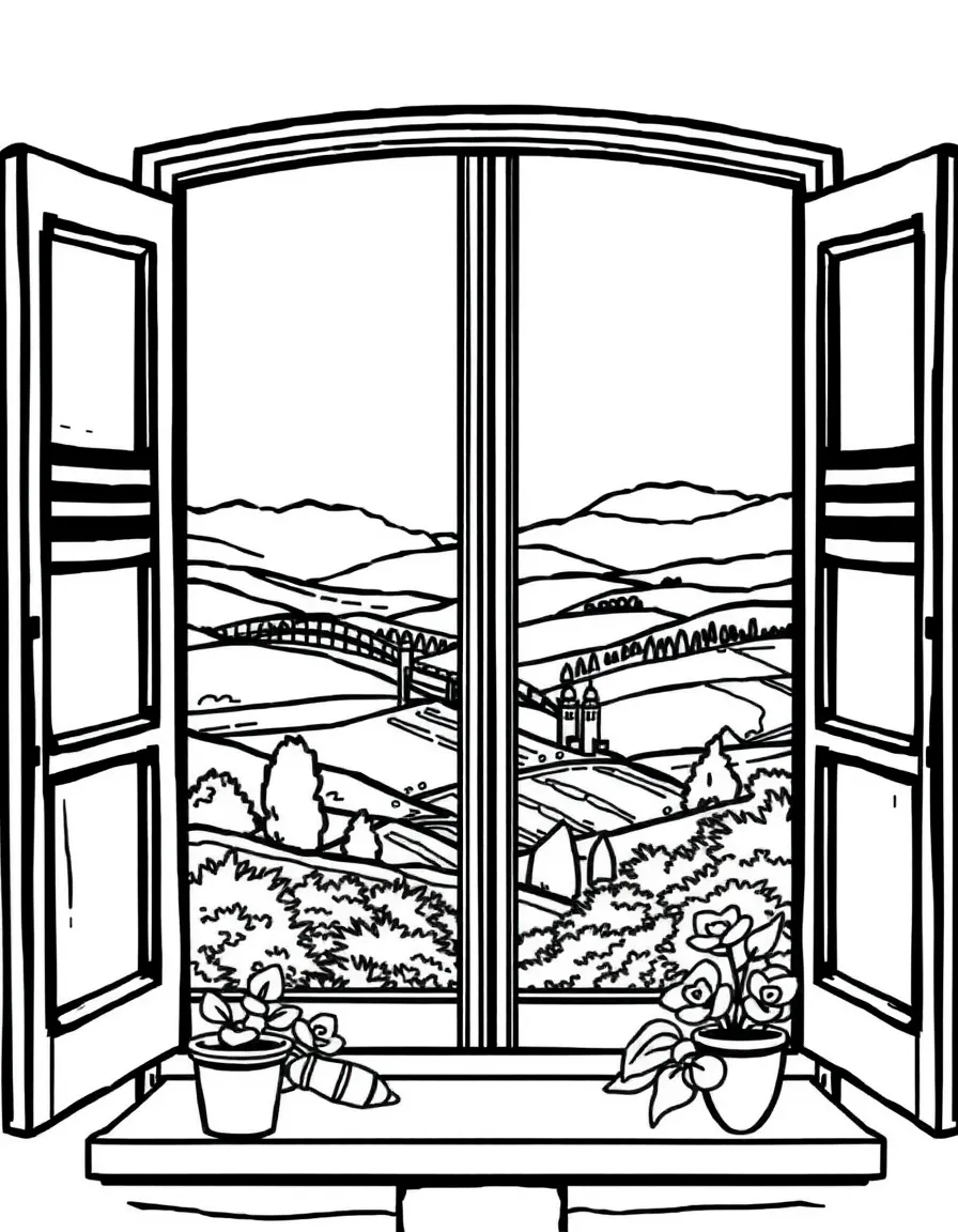 (Italy) A window view of rolling Italian hills