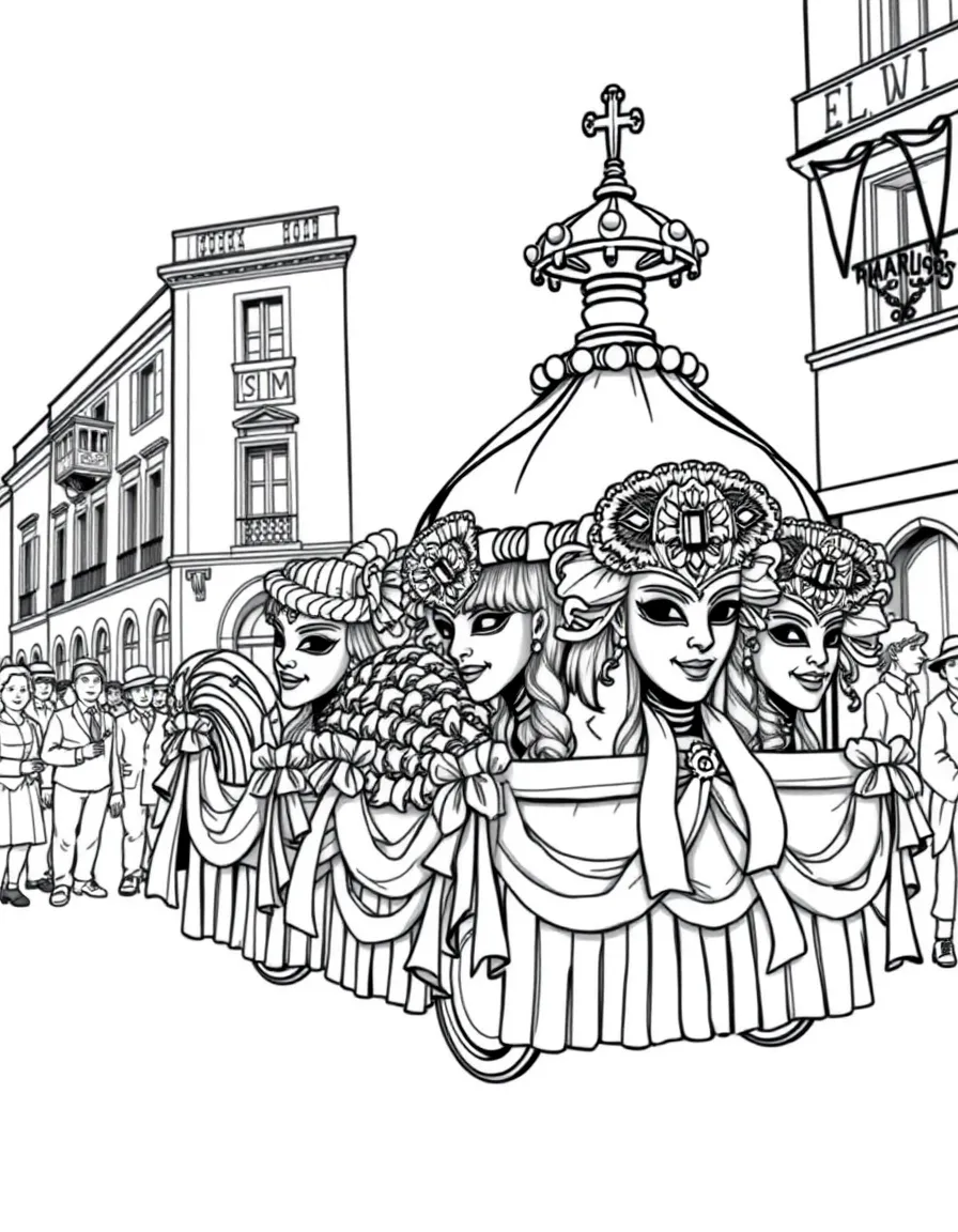(Italy) A carnival float with masks and ribbons