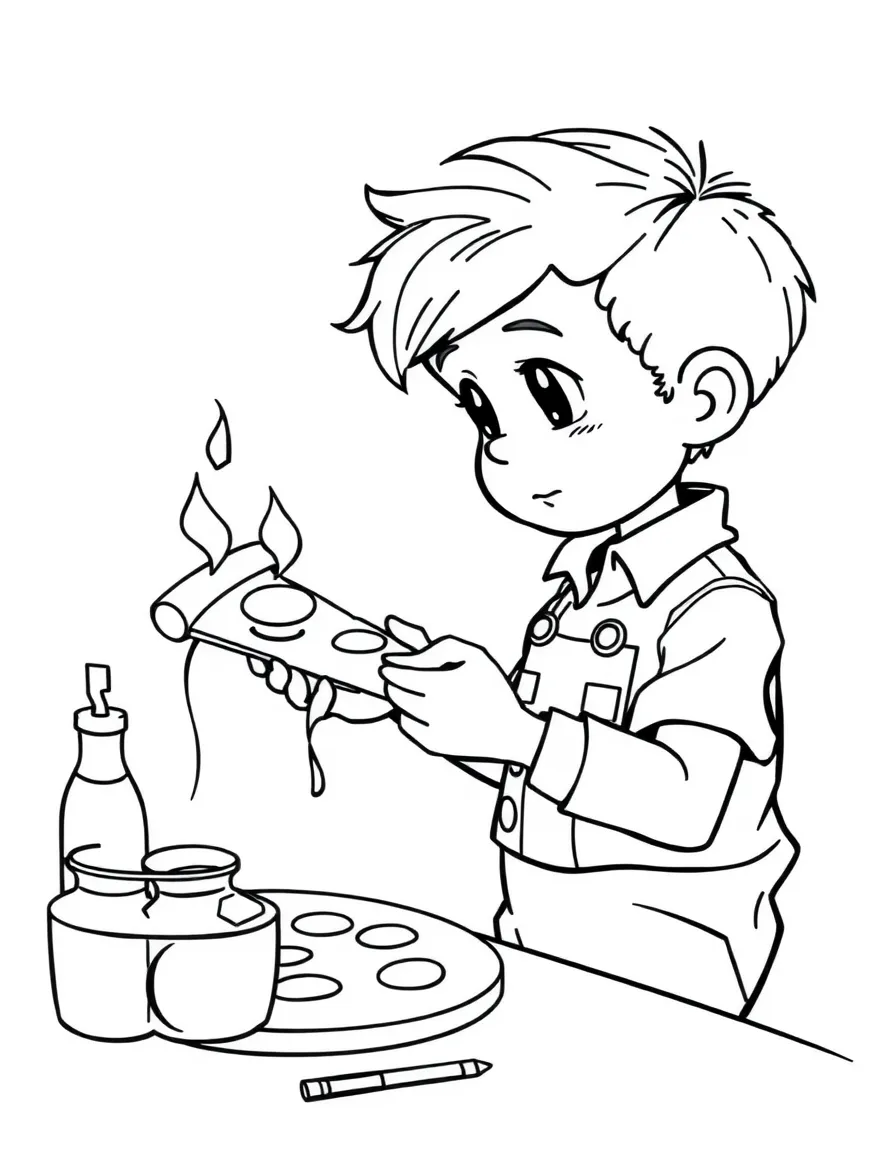 (Italy) A boy painting a pizza slice
