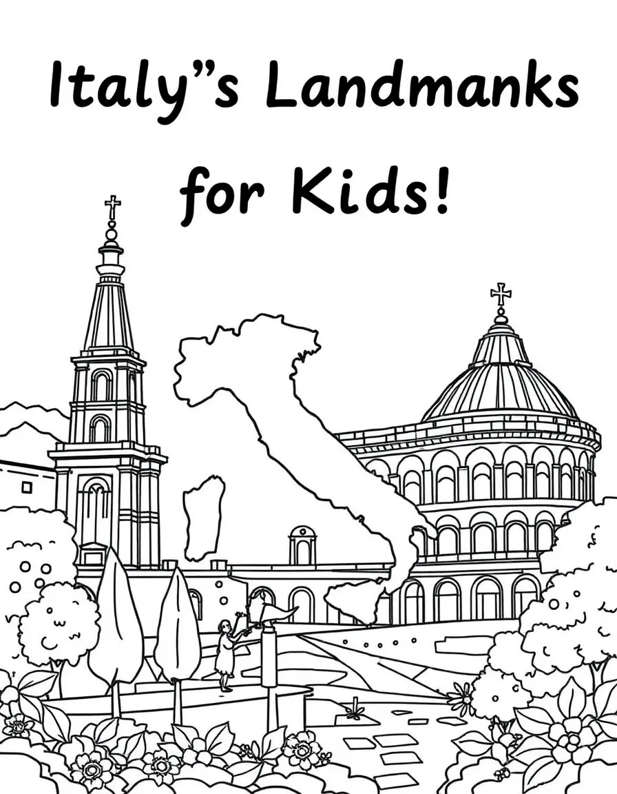 (Italy) A coloring book cover that says “Italy’s Landmarks for Kids!”