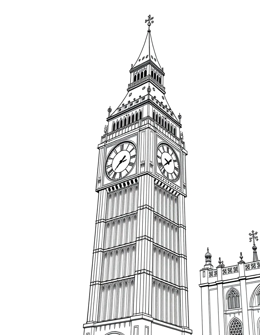 (UK, United Kingdom) Big Ben clock tower with large clock face and detailed Gothic architecture