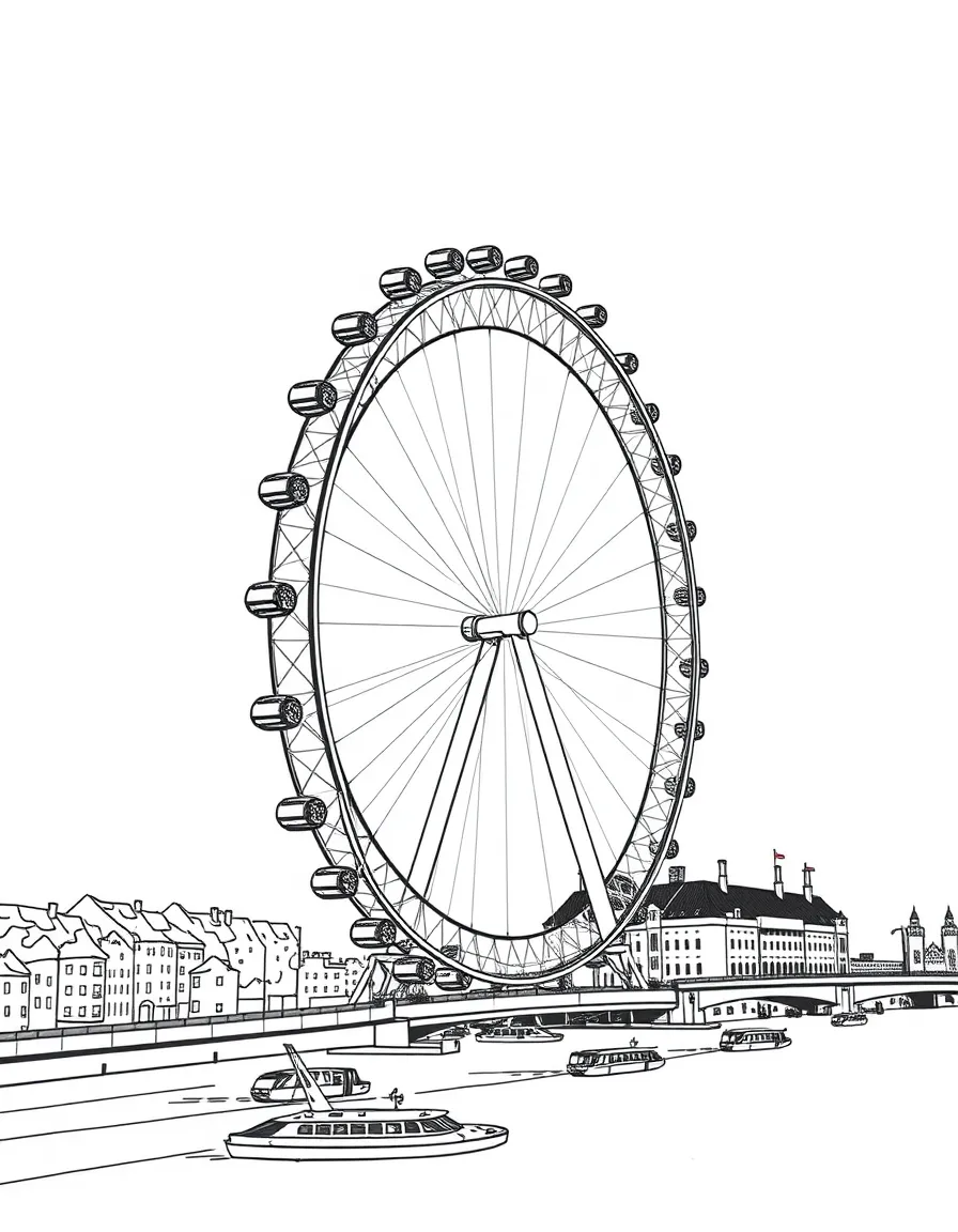 (UK, United Kingdom) London Eye ferris wheel with passenger pods and Thames River below