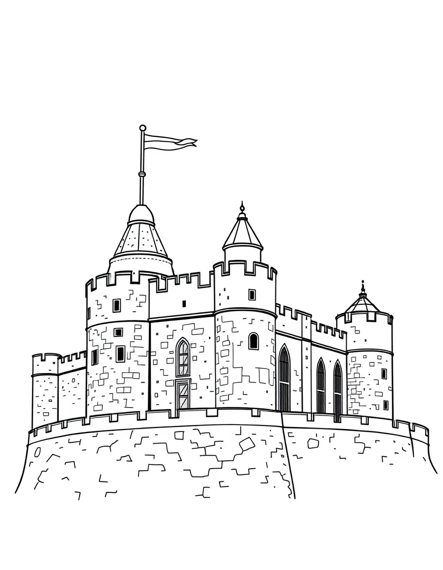(UK, United Kingdom) Windsor Castle with round tower and flag flying on top
