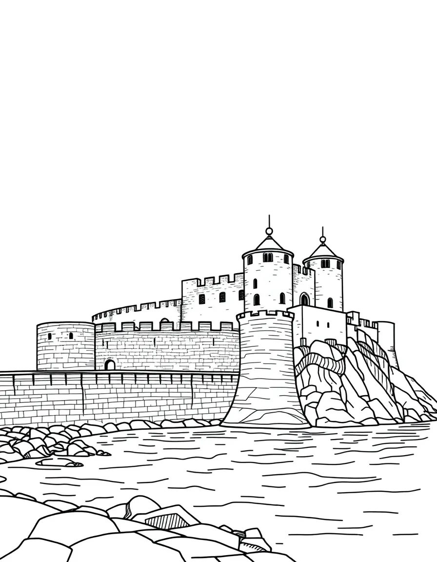 (UK, United Kingdom) Conwy Castle walls and round towers by the sea