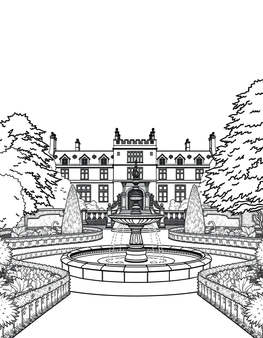 (UK, United Kingdom) Chatsworth House with fountain and formal gardens