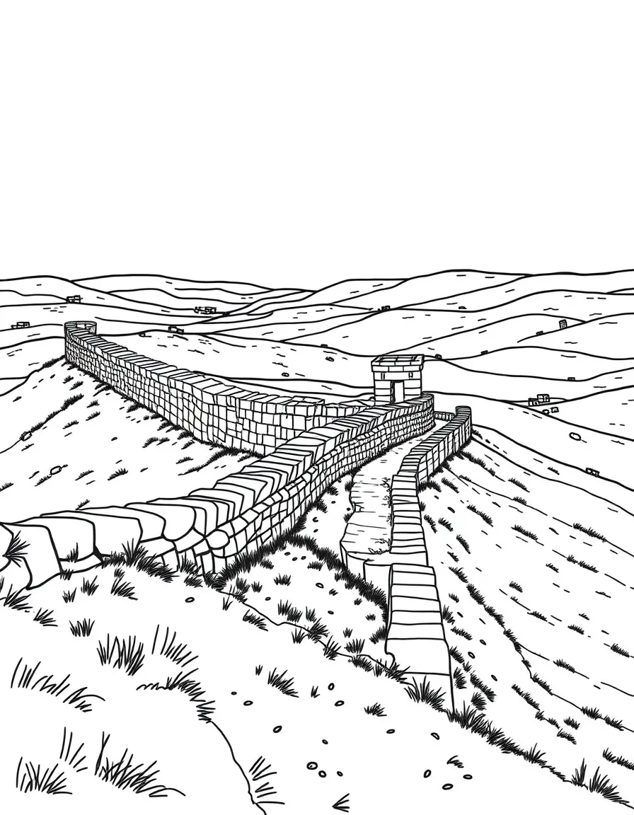 (UK, United Kingdom) Hadrian's Wall stretching across countryside hills