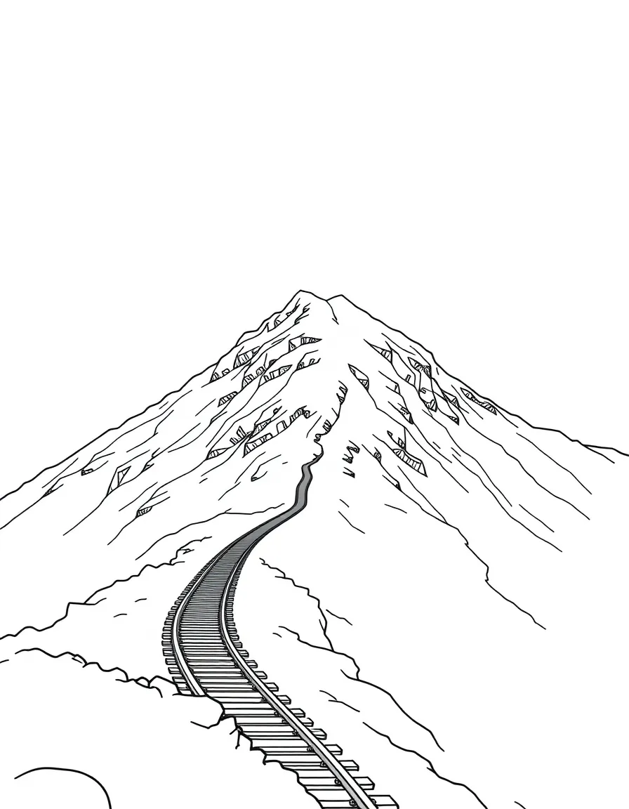 (UK, United Kingdom) Snowdon mountain peak with railway track