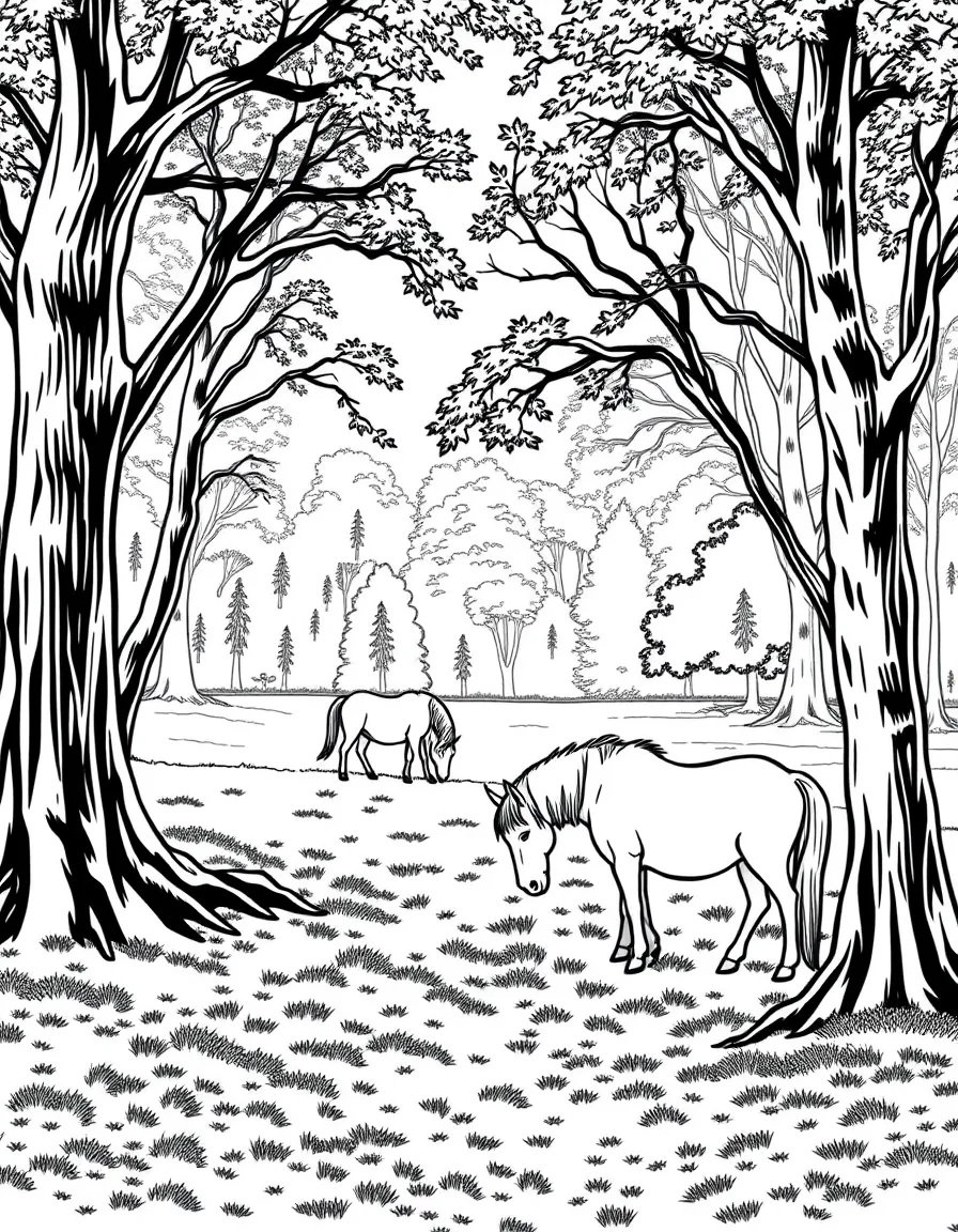(UK, United Kingdom) New Forest with ponies grazing under trees