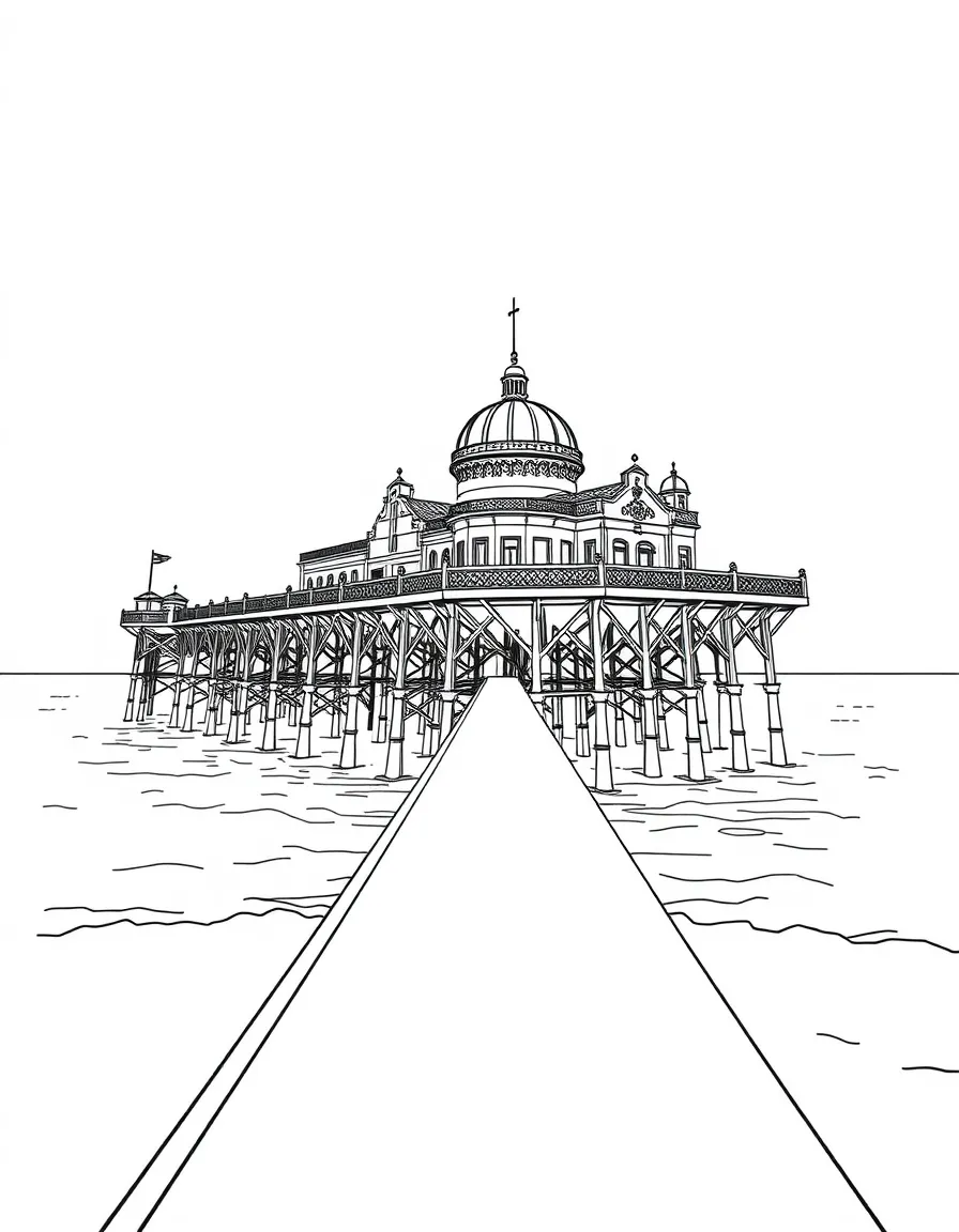 (UK, United Kingdom) Pier extending into sea with Victorian architecture