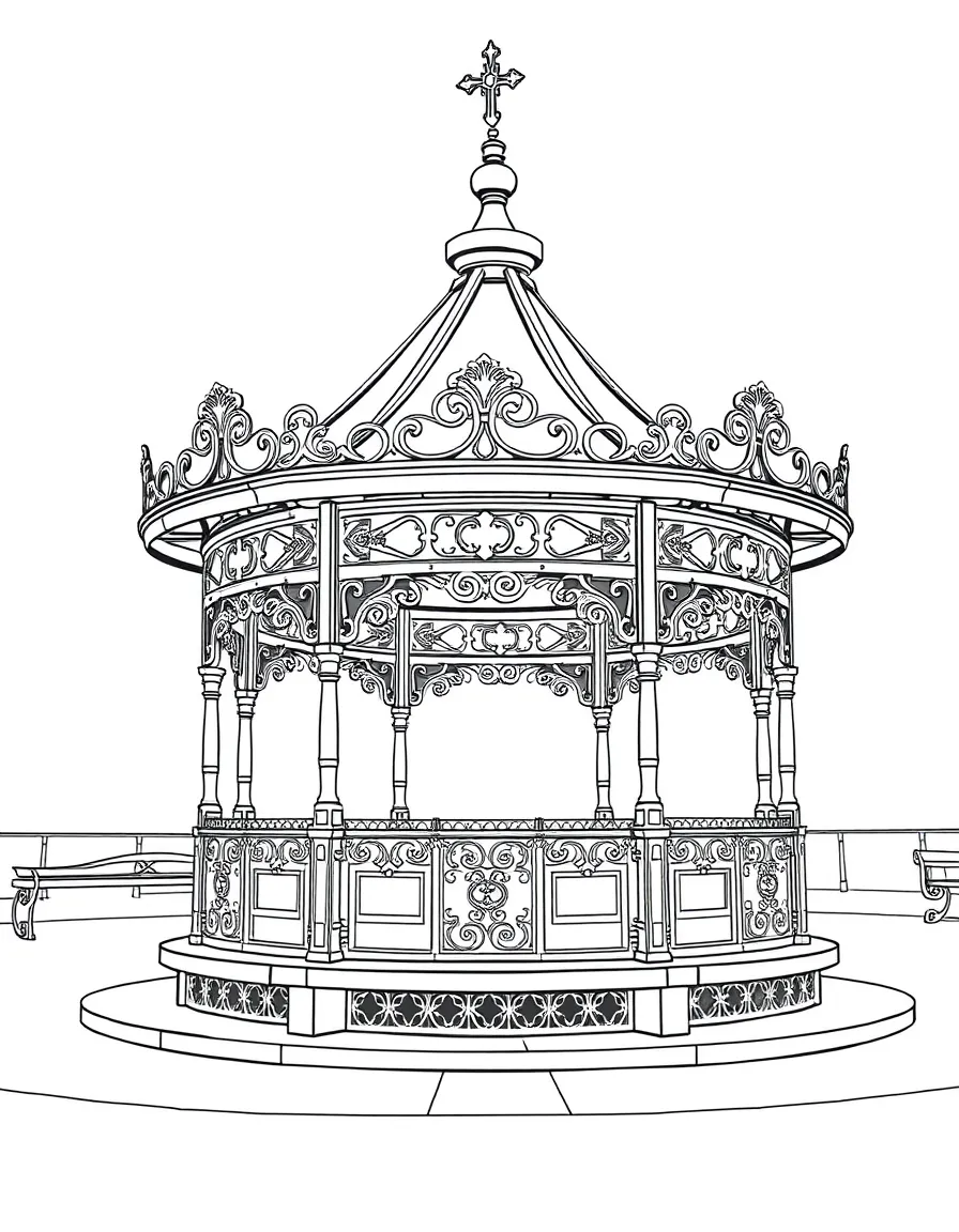 (UK, United Kingdom) Bandstand in seaside park with ornate ironwork