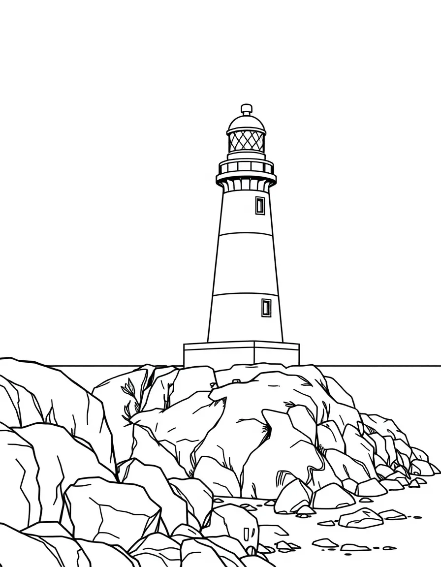 (UK, United Kingdom) Lighthouse on rocky coastline with beacon light