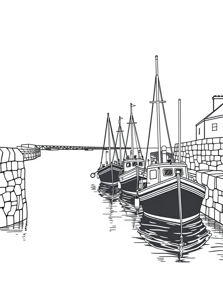 (UK, United Kingdom) Harbor with fishing boats and stone quay