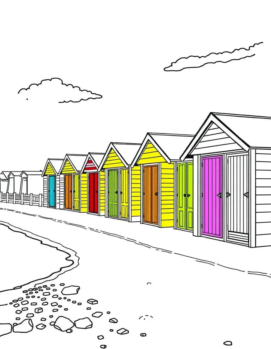 (UK, United Kingdom) Beach huts in rainbow colors along shore