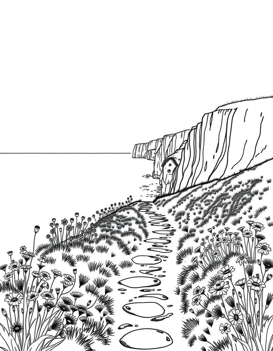 (UK, United Kingdom) Coastal path with wildflowers and cliffs