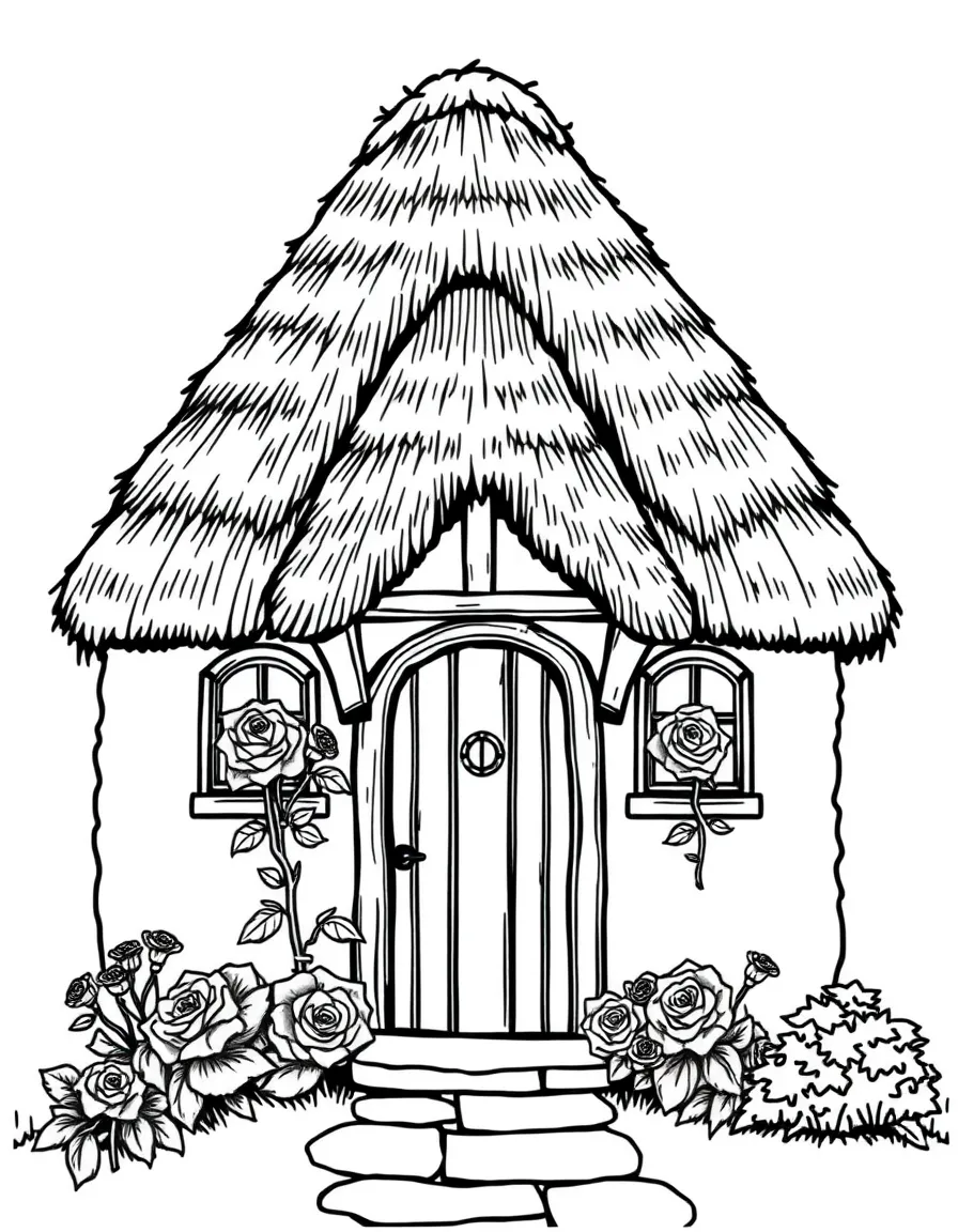 (UK, United Kingdom) Thatched cottage with roses around door