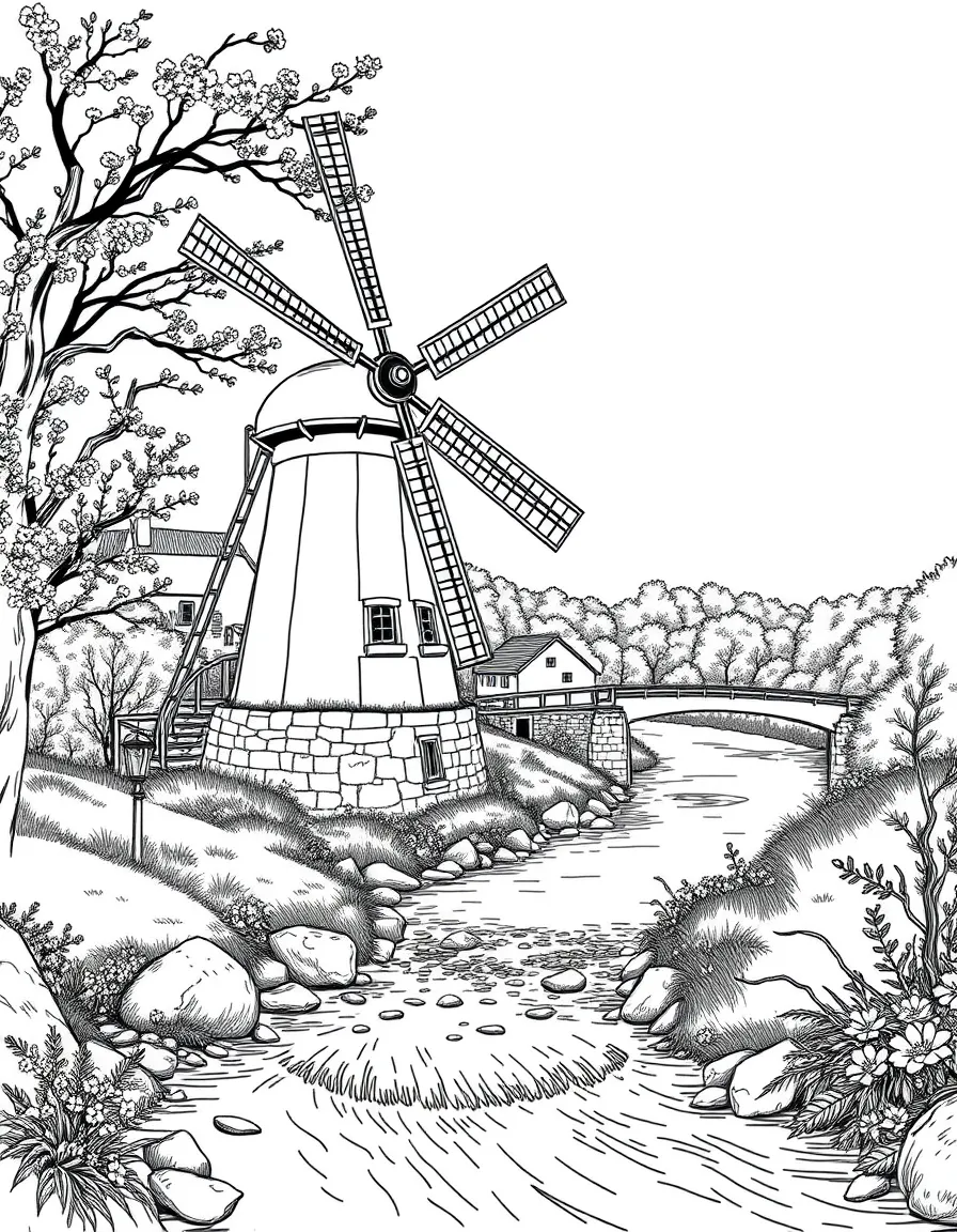 (UK, United Kingdom) Watermill beside flowing stream