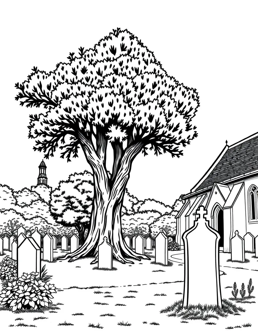 (UK, United Kingdom) Churchyard with ancient yew tree
