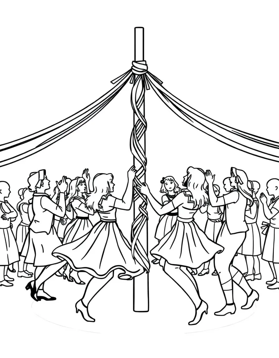 (UK, United Kingdom) Maypole dancing with colorful ribbons