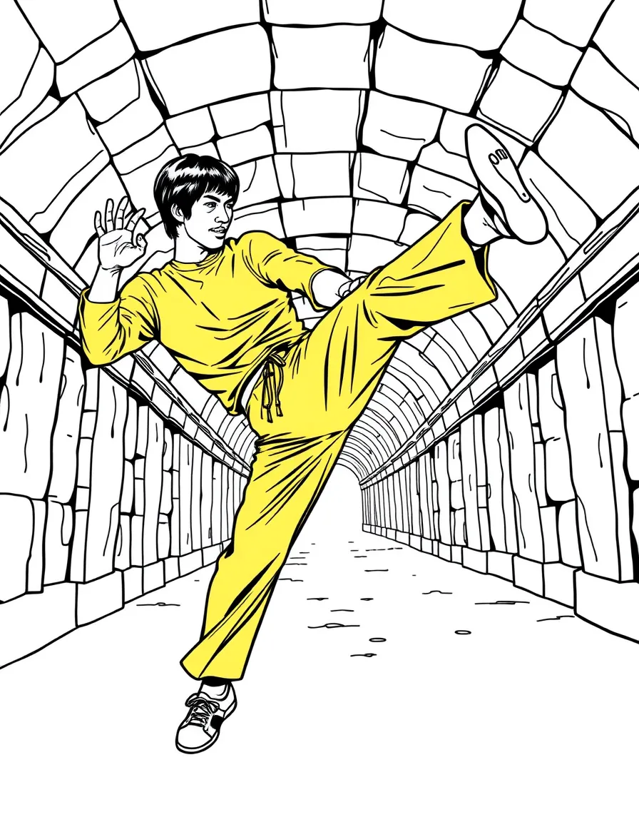 Bruce Lee in yellow jumpsuit performing a flying kick in a dimly lit underground corridor (inspired by *Game of Death*).
