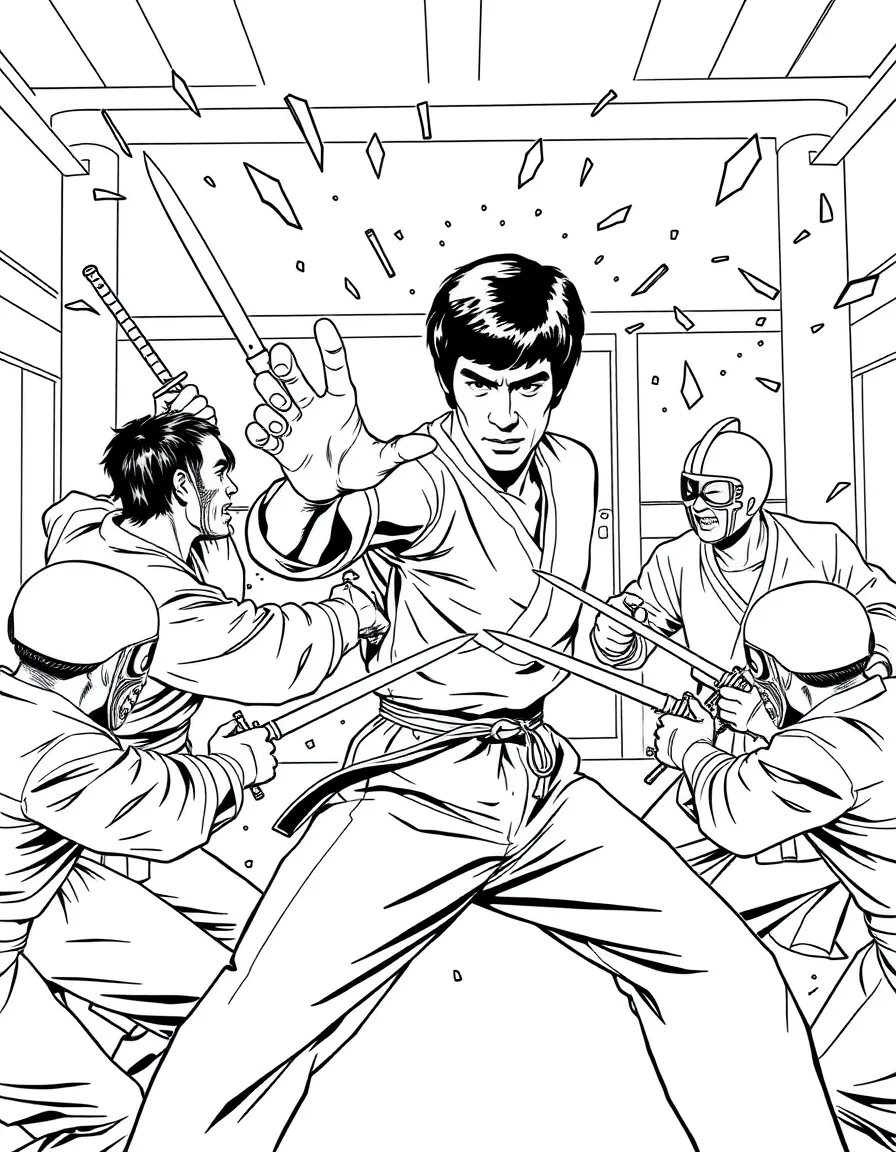 Bruce Lee facing multiple attackers in a dojo with shattered weapons and flying splinters (inspired by *Fist of Fury*).