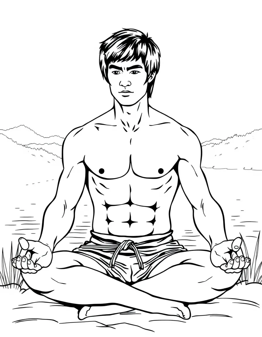 Bruce Lee meditating shirtless by a peaceful lake with mist rising in the early morning.